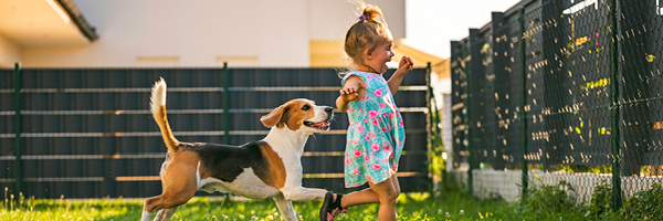  young girl runs with a beagle in her backyard on a summer day.